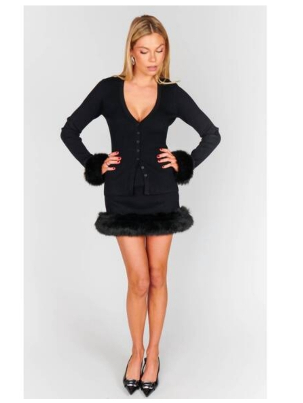 SHOW ME YOUR MUMU Fran Mini Skirt in Black Knit, Faux Fur on Bottom, Size XS